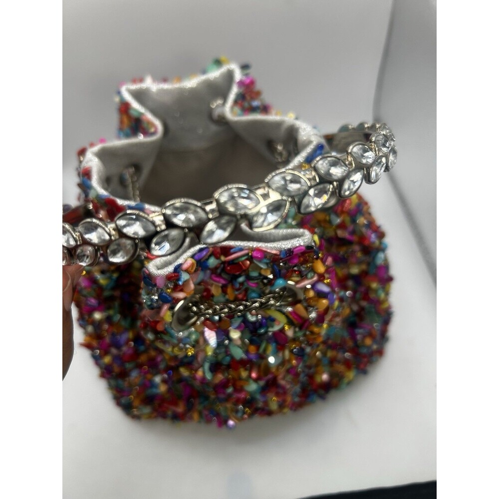 Multicolor Rhinestone Top Handle Mini Bag Chain Strap Drawstring Evening Purse - Picture 5 of 8